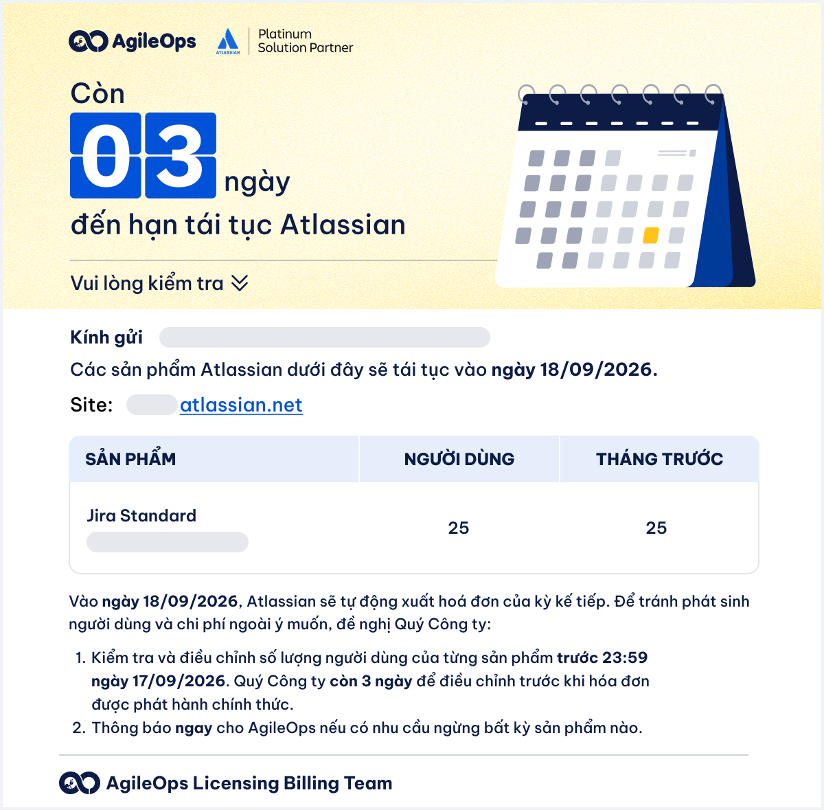 AgileOps - Email thông báo về biến động người dùng 3 ngày trước khi tái tục