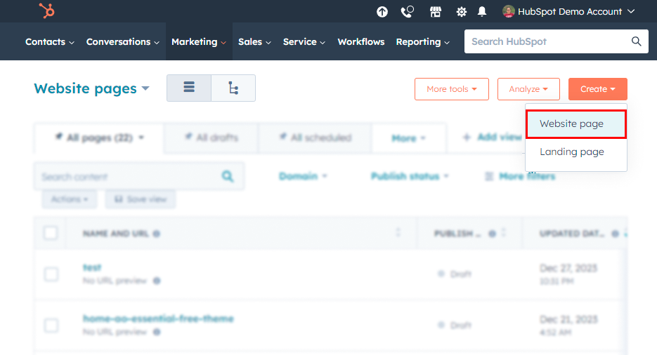 HubSpot - Create page