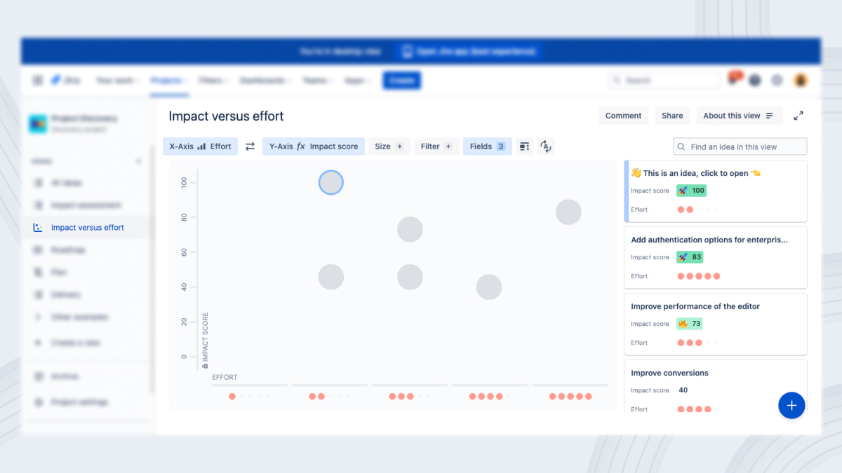 AgileOps - Sơ đồ trực quan mức độ ảnh hưởng và độ khó dễ của ý tưởng - Jira Product Discovery