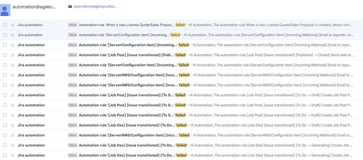 AgileOps - Jira Automation - Failed rule executions delivered to Automation Account email 
