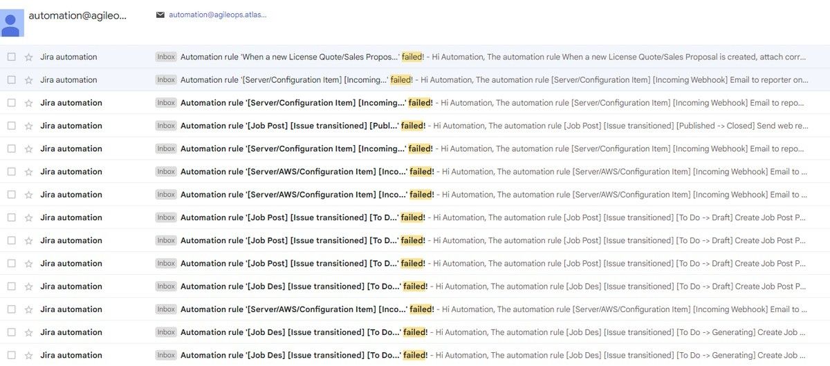 AgileOps - Jira Automation - Failed rule executions delivered to Automation Account email