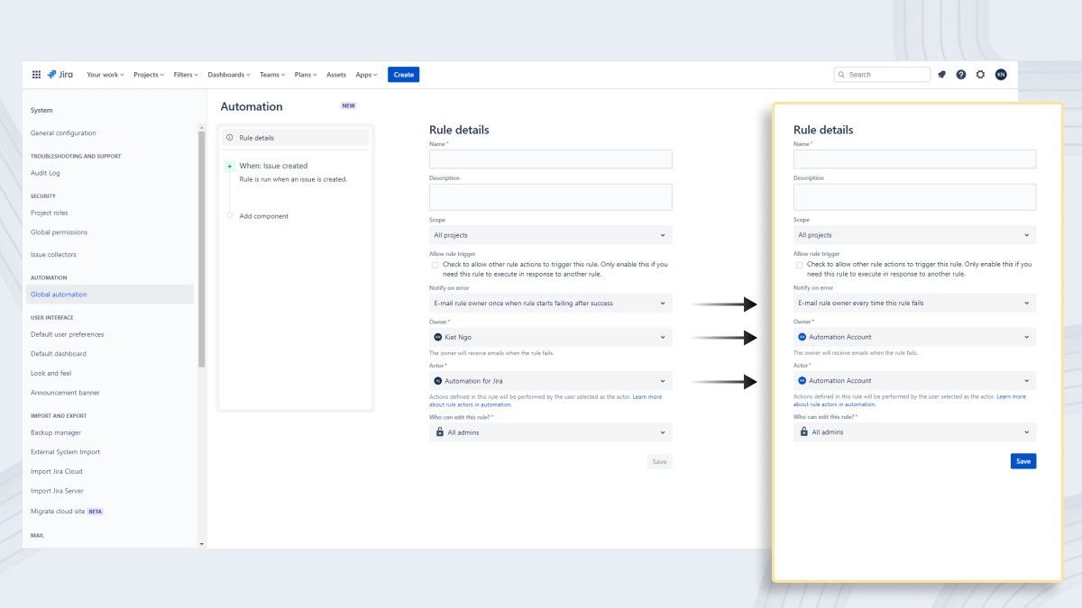 AgileOps - Jira Automation - Specify Owner and Actor to use Automation Account