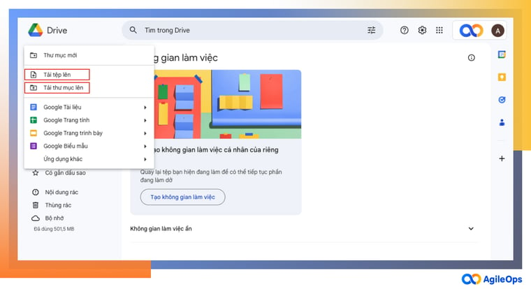 AgileOps - Cách tải tệp lên Google Drive