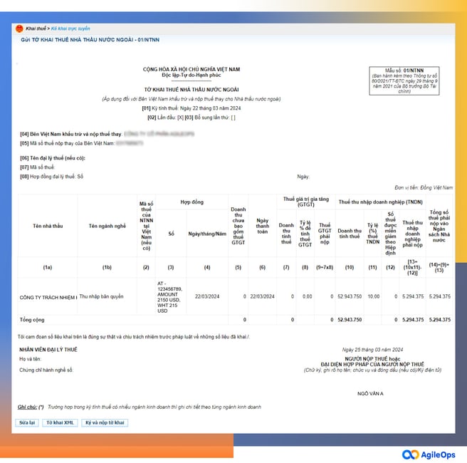 AgileOps - Chi tiết các bước khai Thuế Nhà Thầu nước ngoài