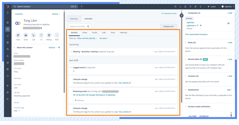 AgileOps - Tính năng HubSpot Sales