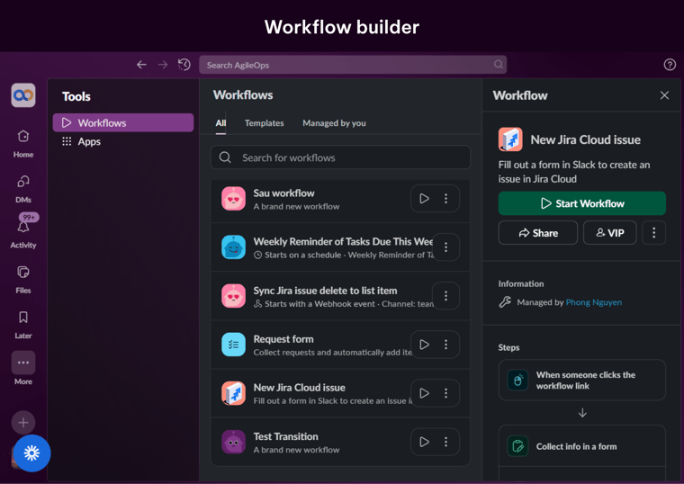 AgileOps - Giao diện xây dựng quy trình làm việc trong Slack
