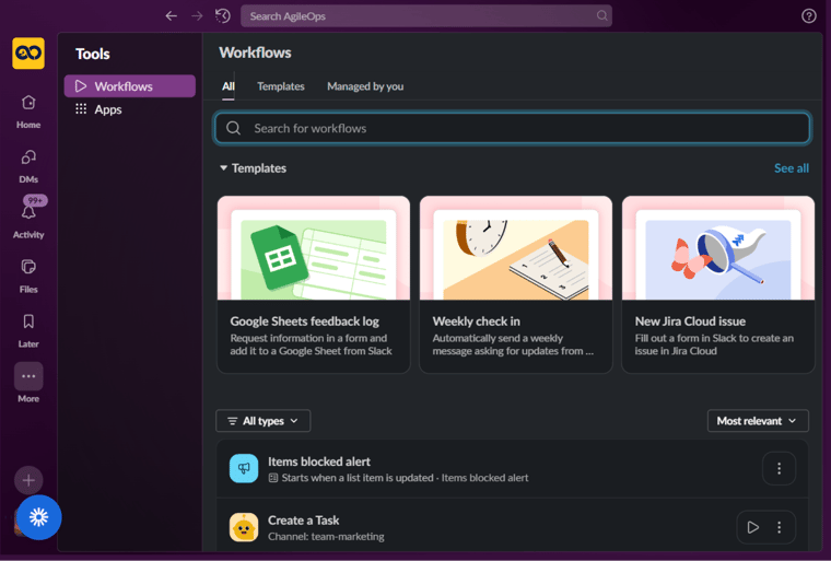 AgileOps - Giao diện tạo các quy trình tự động trong Slack