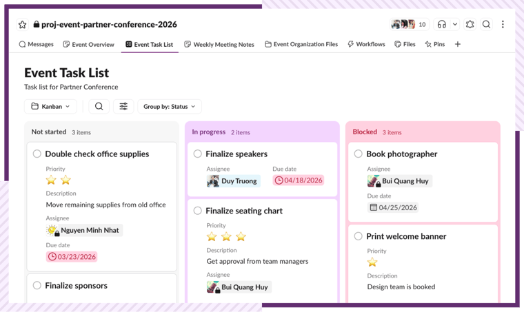 AgileOps - Giao diện các Lists trong Slack
