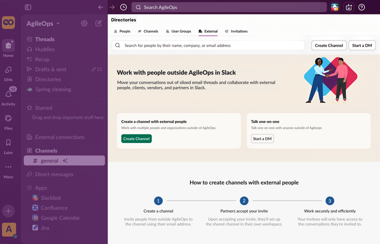 AgileOps - Giao diện Slack Connect kết nối với các tổ chức khác