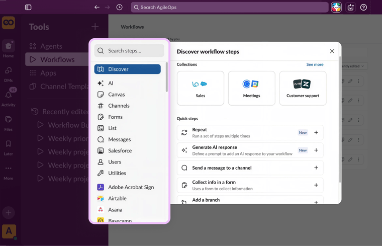 AgileOps - Giao diện lựa chọn các bước xử lý trong Slack