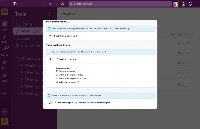 AgileOps - Giao diện tạo quy trình phê duyệt chi phí trong Workflow Builder