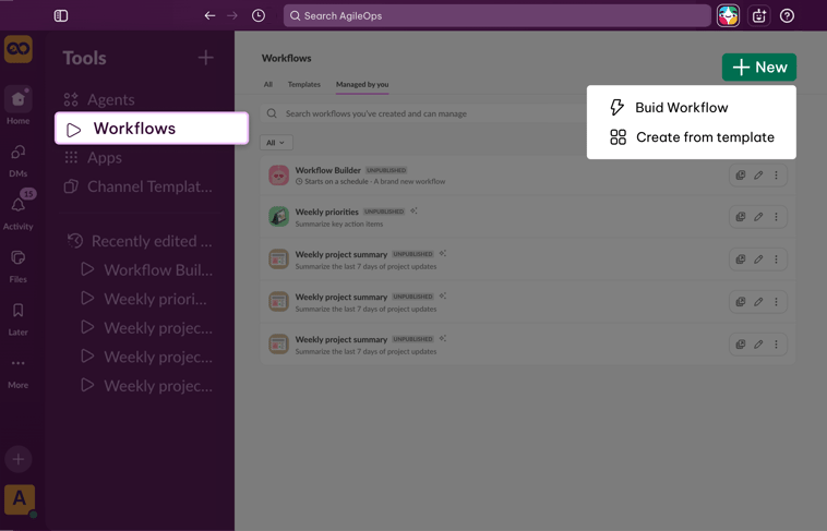 AgileOps - Giao diện mở Workflow Builder trong Slack