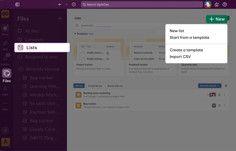 AgileOps - Giao diện tạo một List mới trong Slack