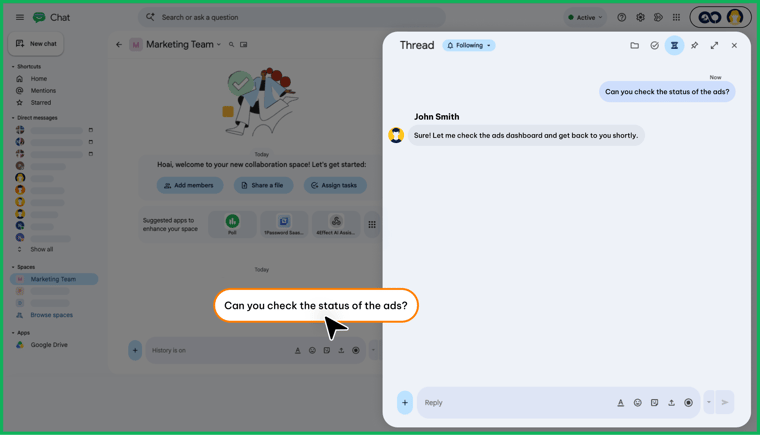 AgileOps - Giao diện Threads trong Google Chat