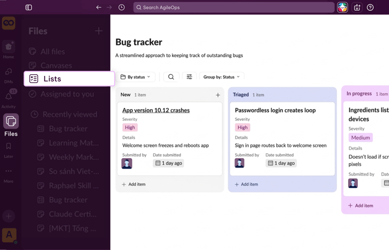 AgileOps - Giao diện quản lý dự án với Lists trong Slack