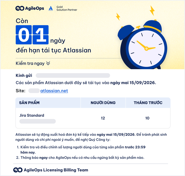 AgileOps - Email thông báo về biến động người dùng 1 ngày trước khi tái tục