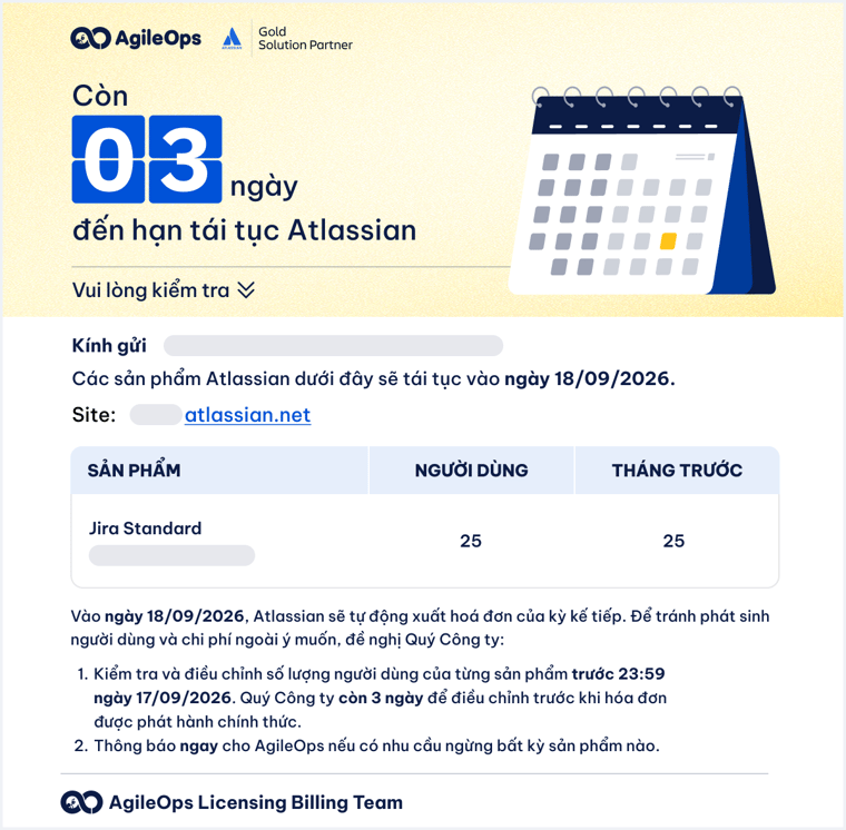 AgileOps - Email thông báo về biến động người dùng 3 ngày trước khi tái tục