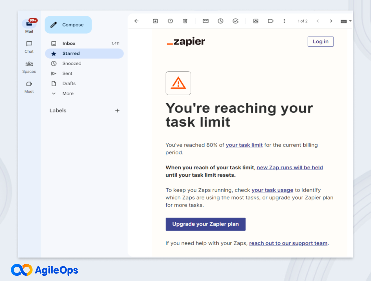 AgileOps - Email thông báo số lượng task trong tháng chạm mức 80% của Zapier