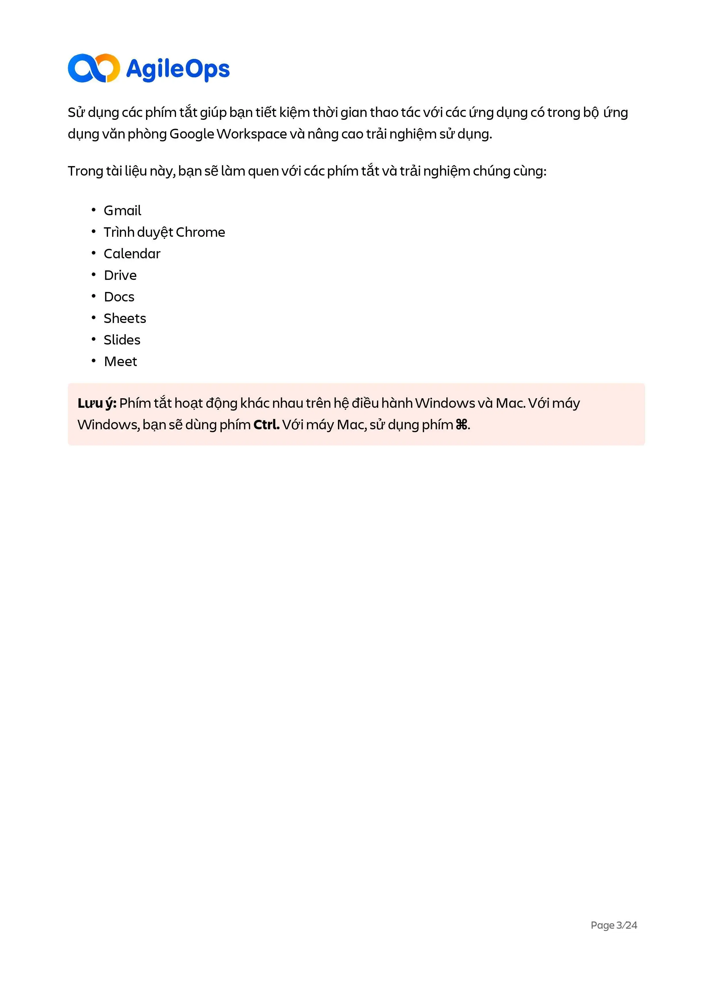 AgileOps - Bộ phím tắt Google Workspace - Nâng cao trải nghiệm dùng Google Workspace